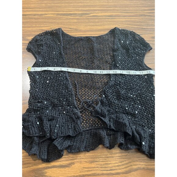 Black knitted sequined short flared open front cardigan - Picture 3 of 4
